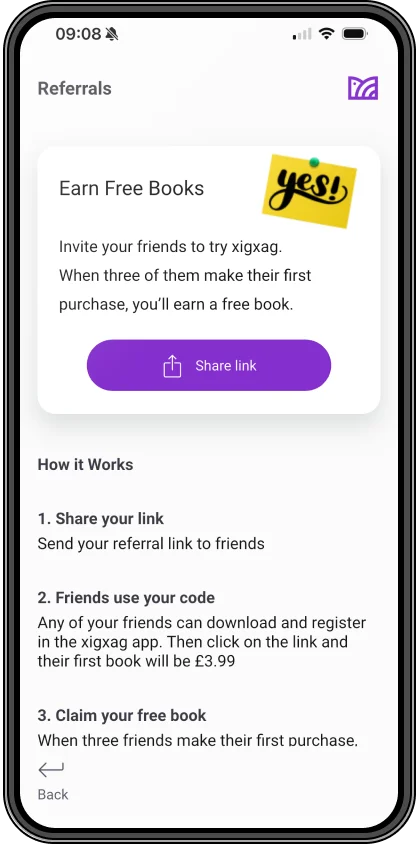 The Earn Free Books screen in the xigxag app